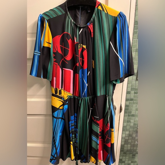 SOLD -Louis Vuitton 2019 Silk Knee length Dress Black Green Blue Red FR40 8 NWOT - Picture 2 of 13